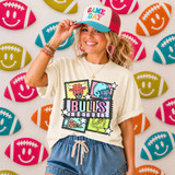 Retro Mascot Collage DTF Heat Transfer, colorful football-themed design featuring a bull mascot, football helmet, and football illustration on a woman's t-shirt