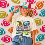 Retro Mascot Collage DTF Heat Transfer, colorful graphic design featuring Viking football, helmet, football, and team elements on a white T-shirt worn by a smiling woman, with football-themed pillows in the background.