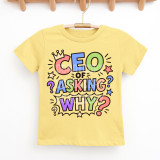 CEO Of Asking Why DTF Heat Transfer, colorful printed T-shirt featuring the question 'CEO of Asking Why' with decorative stars and question marks.