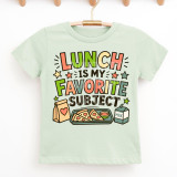 Lunch Is My Favorite Subject DTF Heat Transfer, colorful design on light green t-shirt featuring pizza, milk, and lunch box graphics.