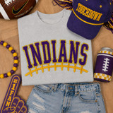 Purple and gold Indians chenille football patch with varsity lettering and football lace detail for game day spirit wear.