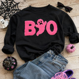 Neon pink fluffy chenille Boo iron-on patch featuring an adorable ghost replacing the second "O" for Halloween apparel and boutique clothing.
