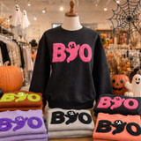 BOO Neon Fluffy Patch, black sweatshirt with pink neon fluffy ghost design.