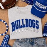 Royal blue Bulldogs varsity chenille iron-on patch with football lace embroidery for game day apparel, school spirit wear, and boutique clothing.