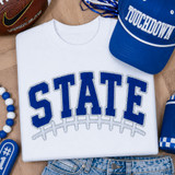 Royal blue State varsity chenille iron-on patch with embroidered football lace detail for football spirit wear, game day apparel, and boutique clothing.