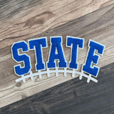 State Royal Blue Chenille Football Patch, embroidered patch with the word 'STATE' in bold blue chenille and a white football field border.