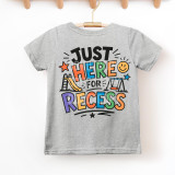 Just Here For Recess DTF Heat Transfer, colorful design on a gray children's T-shirt with playground graphics.