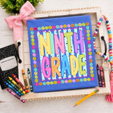 Retro Grade Level Happy Face DTF Heat Transfer, colorful design with cheerful smiley faces and bold letters spelling 'Ninth Grade' on a blue fabric background.