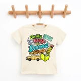 Colorful On My Way To... Back to School DTF Heat Transfer, a vibrant and playful children's t-shirt with school-themed graphics including a school bus, book, crayon, paper airplane, and a sign, perfect for back-to-school apparel.