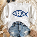 Metallic blue puff heat transfer featuring the Jesus fish symbol with Jesus lettering for Christian apparel, church shirts, and faith-based clothing.