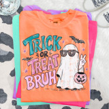 Trick Or Treat Bruh Pink Pumpkin DTF Heat Transfer, colorful t-shirt with a ghost wearing sunglasses, bats, and a pumpkin, ideal for Halloween costumes.