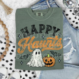 Happy Haunts DTF Heat Transfer, Halloween-themed graphic design on a green T-shirt featuring a ghost, pumpkin, bats, and stars for festive costume decoration.