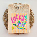 Lucky Duck Stripes DTF Heat Transfer, colorful design featuring a duck with rainbow-colored wings and stars on a striped background.