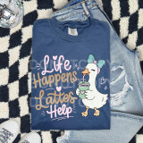 Life Happens Lattes Help DTF Heat Transfer, colorful design of a happy cartoon duck with a bow drinking a latte on a blue t-shirt.