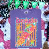 Retro Bold Mascot Variations DTF Heat Transfer, colorful rocket and star design on purple t-shirt for space-themed fashion.