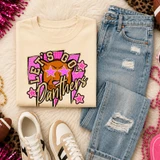 Pink Glitter Mascot - 62 teams - DTF Heat Transfer, displayed on a cream sweatshirt, featuring a tiger mascot with star-shaped sunglasses and the text 'Let's Go Panthers' in a colorful design.