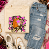 Pink Glitter Mascot - 62 teams - DTF Heat Transfer, a colorful sweatshirt featuring a glittery mascot design with stars and the phrase 'Let's go hawks,' displayed alongside distressed denim jeans, sneakers, and accessories.