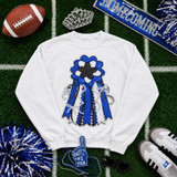 Blue homecoming mum sequin iron-on patches with layered spirit ribbons for football season sweatshirts, game day apparel, school spirit wear, and boutique clothing.
