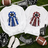 Homecoming Mum Sequins Patch - Red, image of two white sweatshirts with sequined homecoming mum patches, one in blue and one in red, laid on a football field with footballs, sneakers, and decorations.