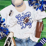 Game Day Sequin Patch With Football, football-themed sequin patch on a white t-shirt surrounded by sports accessories and cheering items.