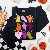 Retro Colorful Ghosts DTF Heat Transfer, Halloween-themed ghost design on black sweatshirt for festive costume and apparel decoration.