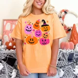 Retro Pink And Orange Ghosts DTF Heat Transfer, colorful Halloween pumpkins design on a peach T-shirt.