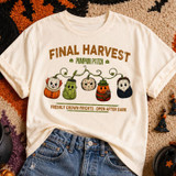 Final Harvest Pumpkin Patch DTF Transfer, Halloween-themed t-shirt featuring five cute and spooky pumpkin characters with different facial expressions and decorations.