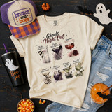 Ghouls Night Out Halloween DTF Transfer, graphic design on a beige t-shirt featuring various spooky Halloween cocktails with fictional names.