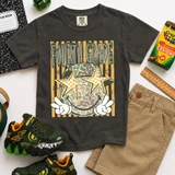Grade Level Camo Smiley DTF Heat Transfer, T-shirt design featuring camouflage face with star glasses and fingers making peace signs, for fourth grade celebration.