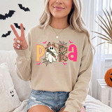 Spooky Ghost School Staff DTF Heat Transfer, Halloween-themed design featuring a cartoon ghost with a leopard print bow and bat illustrations on a beige sweatshirt.