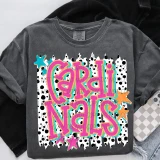 Retro Lotty Dotty School Mascot DTF Heat Transfer, colorful and vibrant design with stars and the words 'GIRL' and 'NALS' on a gray t-shirt.
