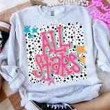 Retro Lotty Dotty School Mascot DTF Heat Transfer, colorful and playful school-themed design on a gray sweatshirt featuring the text 'Lil' Girls' with star accents and polka dot background.