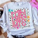 Retro Lotty Dotty School Mascot DTF Heat Transfer, colorful playful design with the word 'PARTY' in bold letters on a polka dot background, used for customizing clothing.