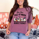 Are You Fall-O-Ween Directions? DTF Heat Transfer, Halloween-themed t-shirt with cartoon ghosts and spooky graphics.