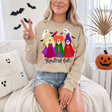 Ghouls of Fall DTF Heat Transfer, Halloween-themed design featuring three colorful witches with ghost and bat decorations.