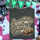 Small Town Friday Nights DTF Heat Transfer, graphic design with football and leopard print pattern on a T-shirt.