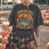 Pumpkin Patch Express DTF Heat Transfer, a graphic design on a black T-shirt featuring a vintage truck with Halloween characters and pumpkins.