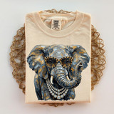 Glam Elephant DTF Heat Transfer, artistic illustration of a stylish elephant wearing sunglasses and pearl necklaces on a T-shirt