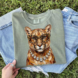 Glam Cougar DTF Transfer, illustrated leopard wearing glasses and a pearl necklace on a sweatshirt.