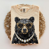Glam Bear DTF Transfer, detailed image of a T-shirt featuring an artistic bear with sunglasses and a diamond necklace.