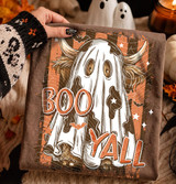 Boo Y’all Highland Cow Ghost DTF Heat Transfer, Halloween-themed design featuring a ghost with cow horns and long hair, surrounded by stars and bats.