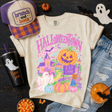 Halloween Collage DTF Heat Transfer, colorful Halloween-themed design on a beige t-shirt featuring pumpkins, ghosts, haunted house, and festive elements emphasizes October celebration.