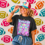 Neon Star Mascot DTF Transfers | School Spirit Mascot Collection, colorful and vibrant neon star-shaped transfers featuring a mascot design with stars and bold colors displayed on a wall.