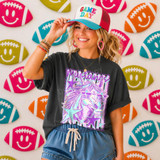 Neon Star Mascot DTF Transfers | School Spirit Mascot Collection, colorful neon star-themed design on a t-shirt worn by a smiling woman with a vibrant sports-themed background.