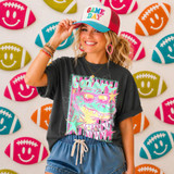 Neon Star Mascot DTF Transfers | School Spirit Mascot Collection, colorful image showing a smiling woman in a casual outfit with a vibrant mascot-inspired design on her shirt, surrounded by playful football-shaped decorations.