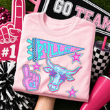 Bulls mascot DTF transfer with pennant flag, star accents, and star-patterned bull head in retro school spirit style