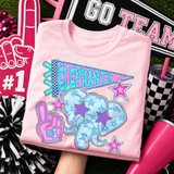 Elephants mascot DTF transfer with pennant flag and star accents in a bold pink and teal school spirit style
