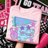 Gators alligator mascot DTF transfer with pennant flag and star accents in a bold pink and teal school spirit style