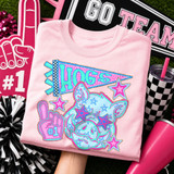 Hogs mascot DTF transfer with pennant flag and star accents in a bold pink and teal school spirit style