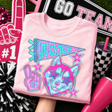 Huskies mascot DTF transfer with pennant flag and star accents in a bold pink and teal school spirit style